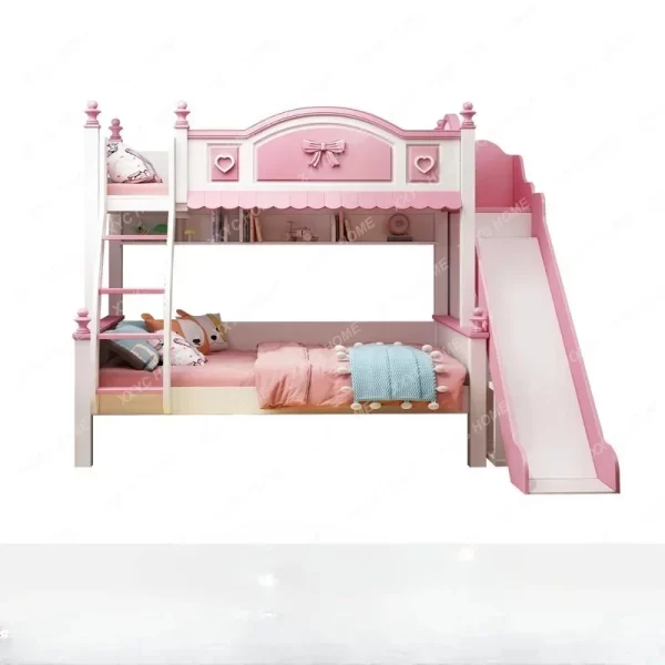 Girls Princess Double Bunk Bed - Two-Layer Slide Bunk Bed for Kids
