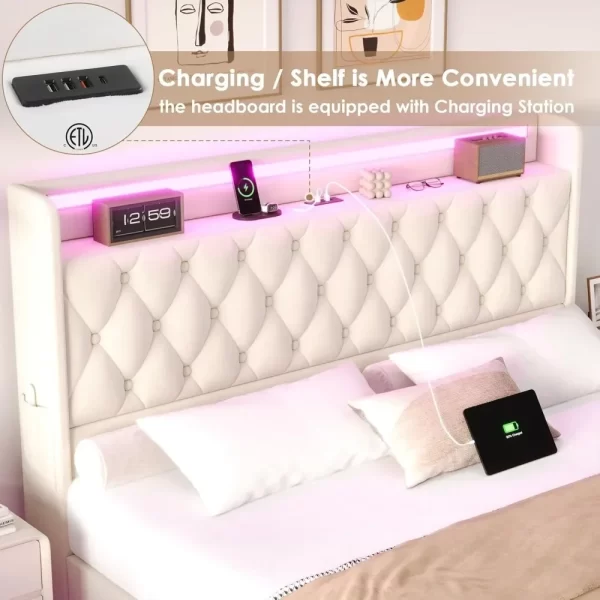 Floating Bed Frame Queen Size Platform with LED Lights, USB Charging Station Headboard Modern Upholstered Velvet Fabric Bed - Image 4