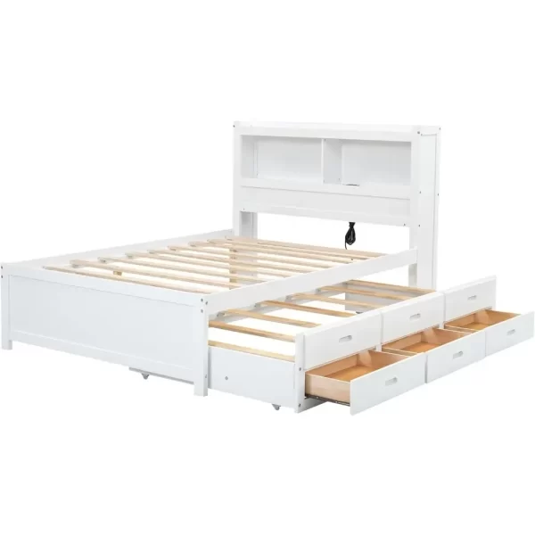 Full Platform Bed with Twin Size Trundle,Bookcase Headboard,Charging Station and 3 Drawers,Wood Full Storage Bed Frame for Kids - Image 6