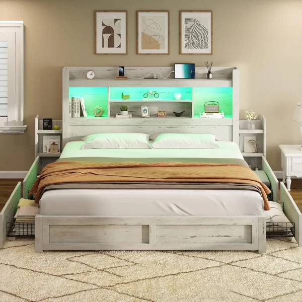 King Size Bed Frame with 4 Storage Drawers,  with 49.6" Tall Bookcase Headboard, with Charging Station, LED Bed Frame - Image 9