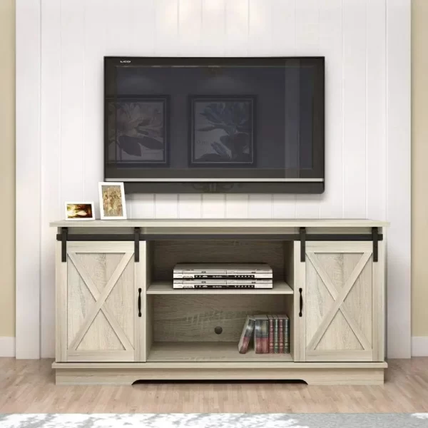 TV Stand, Storage Cabinet with Sliding Barn Doors and Adjustable Shelves, Modern 28”H - Image 9