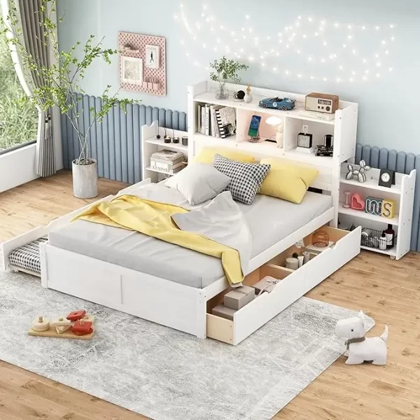 Harper & Bright Designs Full Size Platform Bed with Trundle, Drawers and Bookcase Headboard with USB Plugs, Hardwood Full Size B - Image 11