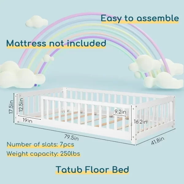 Twin Size Floor Bed for Kids with Safety Guardrails and Door and Slats, Montessori Bed Frame for Kids - Image 6