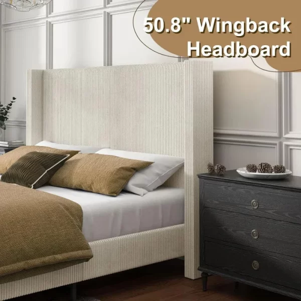 QWHOWE Queen Size Upholstered Platform Frame,Wingback Bed with 50.8" Headboard,Corduroy/Solid Wood Leg/No Box Spring Needed/No - Image 5