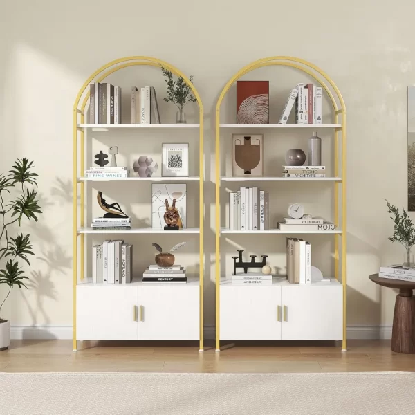 Arched Gold Bookshelf with Doors, 71" Tall Bookcase with Sturdy Metal Frame, Freestanding Display Shelving Unit - Image 6