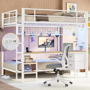 Bunk Bed with Desk, LED Lights, Charging Station, Storage Shelves, Drawers, Safety Guard, Ladder, Metal Frame, Full Over Twin