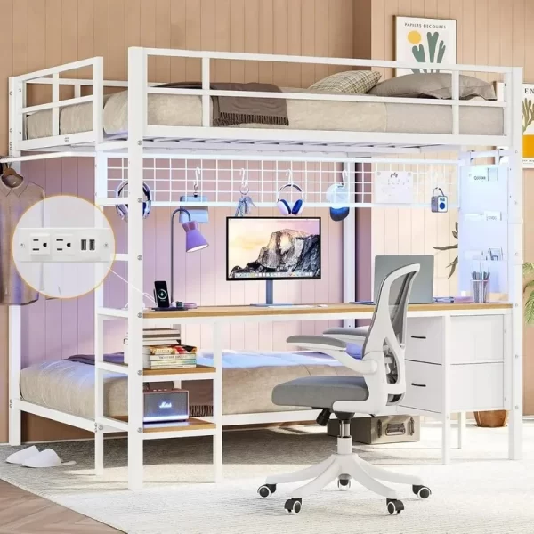 Bunk Bed with Desk, LED Lights, Charging Station, Storage Shelves, Drawers, Safety Guard, Ladder, Metal Frame, Full Over Twin
