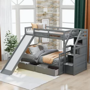 SOFTSEA Twin Over Full Wood Bunk Bed with Slide Solid Wood Bunk Bed with Stairs and Drawers