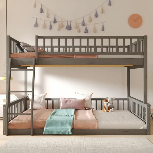Full Xl Over Queen Floor Bunk Bed, Kids Bedroom Gray Wooden Bunk Bed Frame, Convertible To 2 Separated Beds With Trundle, - Image 2