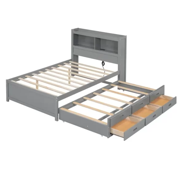 Gray Full Size Platform Bed with Trundle, Storage Drawers, and USB Charging Ports - Image 8