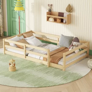 Twin Size Floor Bed, Montessori Floor Bed with Fence, Kids Montessori Bed Twin Size, Wood Montessori Floor Bed for Kids