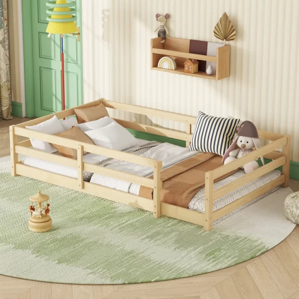 Twin Size Floor Bed, Montessori Floor Bed with Fence, Kids Montessori Bed Twin Size, Wood Montessori Floor Bed for Kids