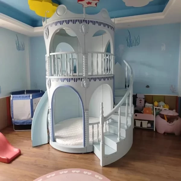 Customizable Solid Wood Pink Princess Castle Bunk Bed with Slide for Children's Bedroom - Image 5