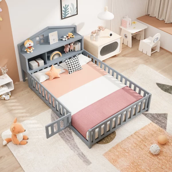 Full-size Montessori Floor Bed with Bookcases and Blackboards, Versatile Platform Beds with Guard rails, Solid Wood Floor Beds - Image 4