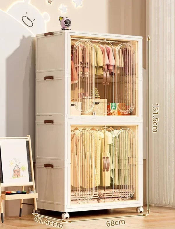 Folding Storage Cabinet With Wheels Double Door Baby Wardrobe Closet Transparent Locker Large Capacity Organizer Bins Shelf - Image 12