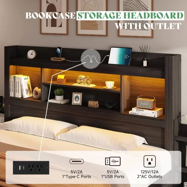 King Size Bed Frame with 4 Storage Drawers,  with 49.6" Tall Bookcase Headboard, with Charging Station, LED Bed Frame - Image 5