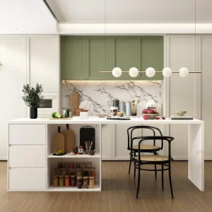 Kitchen Island with Storage,Wood Kitchen Prep Table White Stationery Storage Cabinet with 3 Drawers,Open Shelves & 2 Cabinets