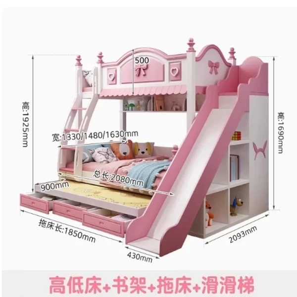 Girls Princess Double Bunk Bed - Two-Layer Slide Bunk Bed for Kids - Image 14