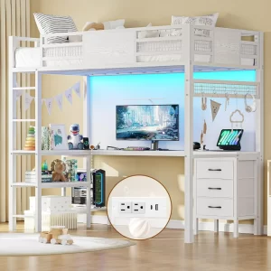 Twin Loft Bed with L-Shaped Desk,  LED Lights & Charging Sation, 3 Fabric Drawers, 2-Tier Storage Shelves, Metal Twin Size Bed