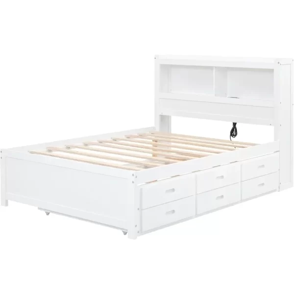 Full Platform Bed with Twin Size Trundle,Bookcase Headboard,Charging Station and 3 Drawers,Wood Full Storage Bed Frame for Kids - Image 5