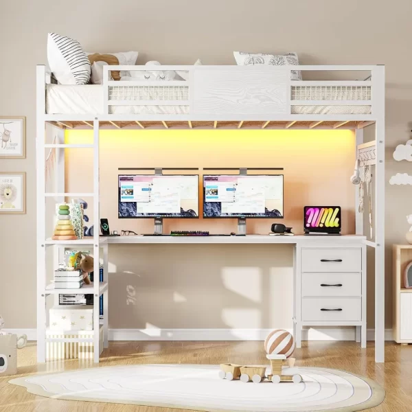 Twin Loft Bed with L-Shaped Desk,  LED Lights & Charging Sation, 3 Fabric Drawers, 2-Tier Storage Shelves, Metal Twin Size Bed - Image 6