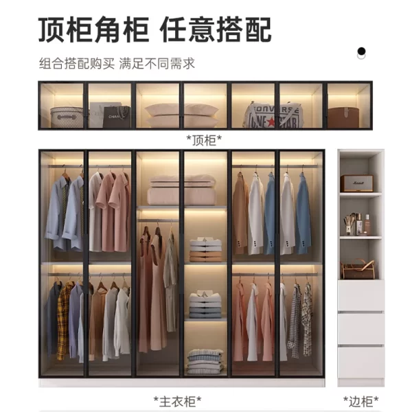 Solid wood large wardrobe household bedroom glass door cloakroom combination cabinet small apartment modern simple storage locke - Image 4