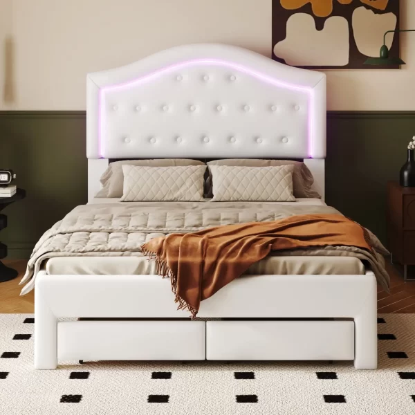 Queen Size Upholstered Platform Bed Frame with LED Lights, Modern Upholstered Princess Bed with Tufted Headboard and 2 Drawers - Image 7