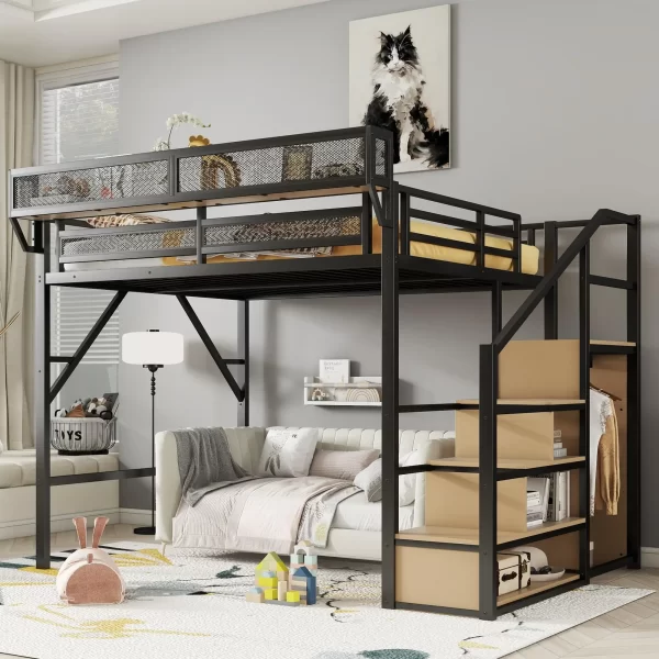 Loft Bed with Stairs, Metal Loft Bed Queen Size with Storage Shelves, Adults Loft Bed with Wardrobe, Heavy Duty High Loft Bed - Image 3