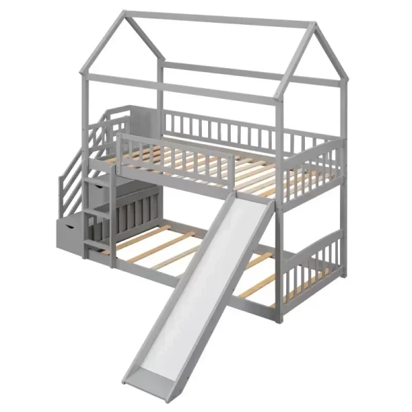 Solid wood children's double bunk bed with slide and stair, stairway with storage shelves, space-saving. - Image 2