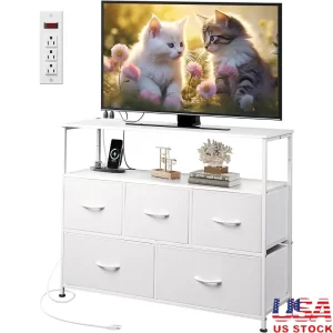 Dresser with Open Shelf and Power Outlet 5 Drawer Storage Unit Living Room Bedroom Entertainment Center Stylish Organizer