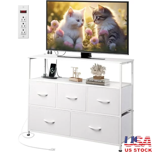 Dresser with Open Shelf and Power Outlet 5 Drawer Storage Unit Living Room Bedroom Entertainment Center Stylish Organizer