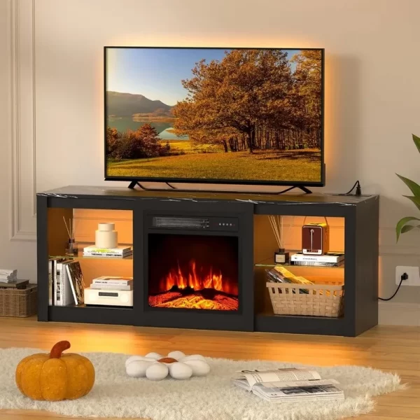 58" Fireplace TV Stand for 65" TV - Entertainment Center with LED Light and Glass Shelves - Image 6