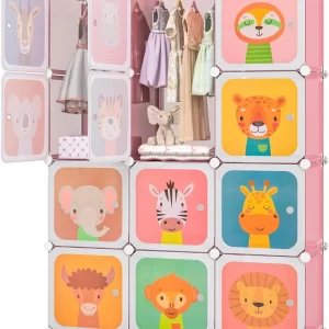 Kids Closet,Cartoon Modular Dresser Storage Organizer with 12 Cubes&2 Clothes Hanging Rack,Portable Armoire for Baby Toddlers