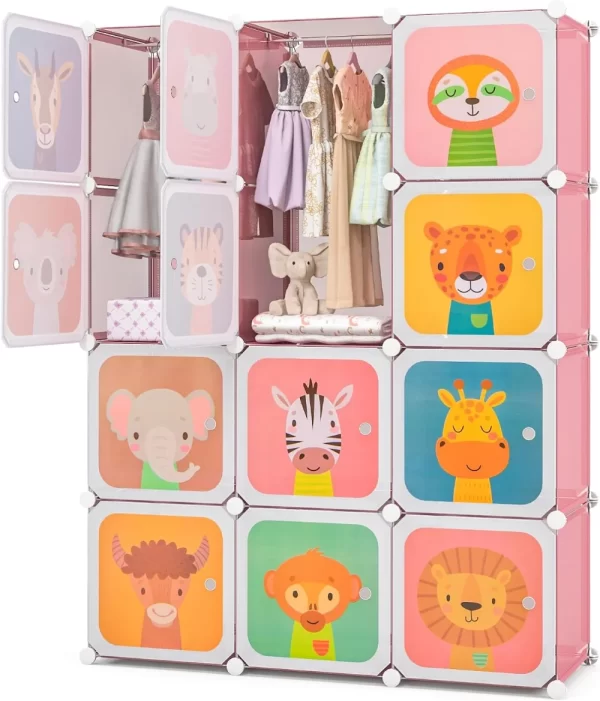 Kids Closet,Cartoon Modular Dresser Storage Organizer with 12 Cubes&2 Clothes Hanging Rack,Portable Armoire for Baby Toddlers