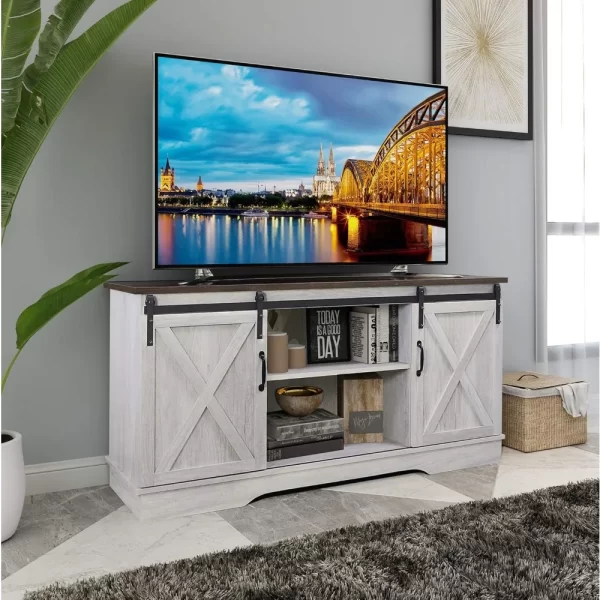 TV Stand, Storage Cabinet with Sliding Barn Doors and Adjustable Shelves, Modern 28”H - Image 3