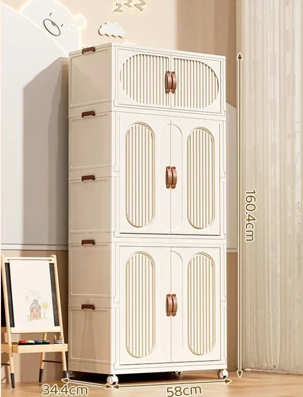 Folding Storage Cabinet With Wheels Double Door Baby Wardrobe Closet Transparent Locker Large Capacity Organizer Bins Shelf - Image 29