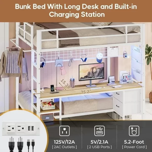 Bunk Bed with Desk, LED Lights, Charging Station, Storage Shelves, Drawers, Safety Guard, Ladder, Metal Frame, Full Over Twin - Image 4