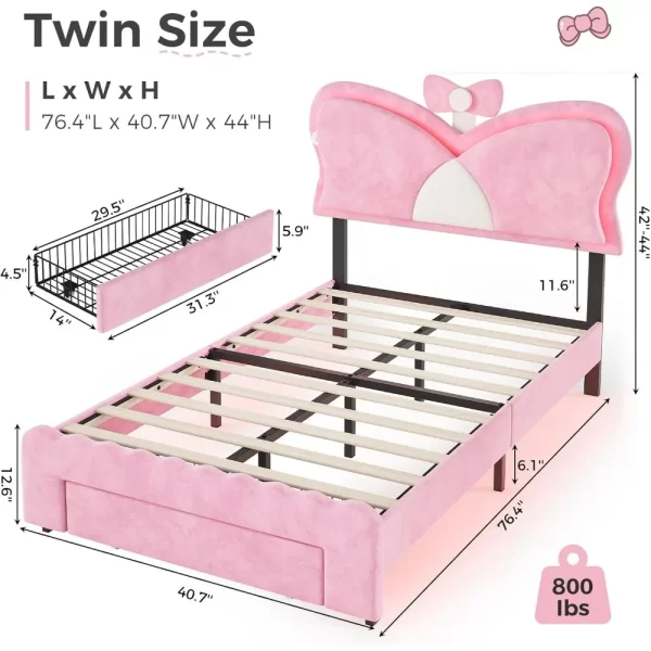 Twin Bed Frames with LED Lights and Storage Drawer, Upholstered Beds Frame Twin Size with Height Adjustable Butterfly Headboard - Image 2