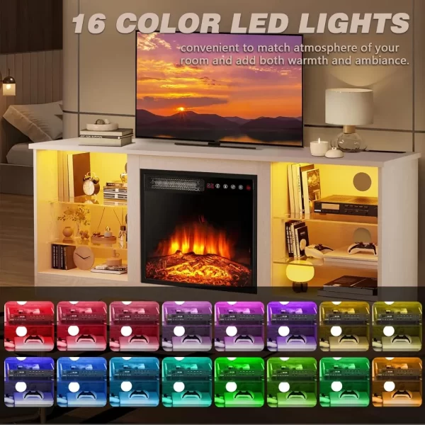 58 Inches Fireplace TV Stand for TVs up to 65 Inches - Modern Wooden Console with 18'' Electric Fireplace & Remote Control - Image 4