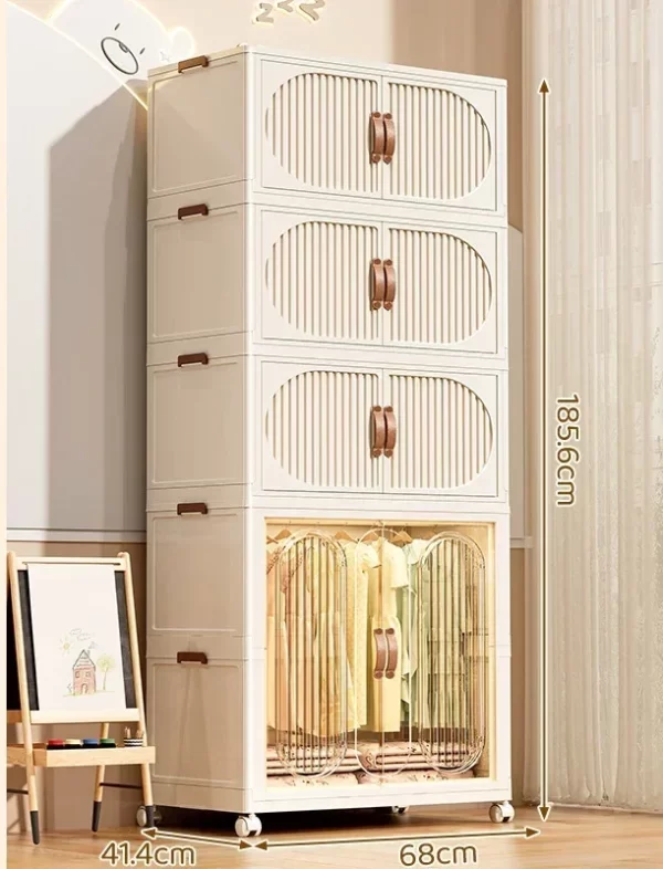 Folding Storage Cabinet With Wheels Double Door Baby Wardrobe Closet Transparent Locker Large Capacity Organizer Bins Shelf - Image 24