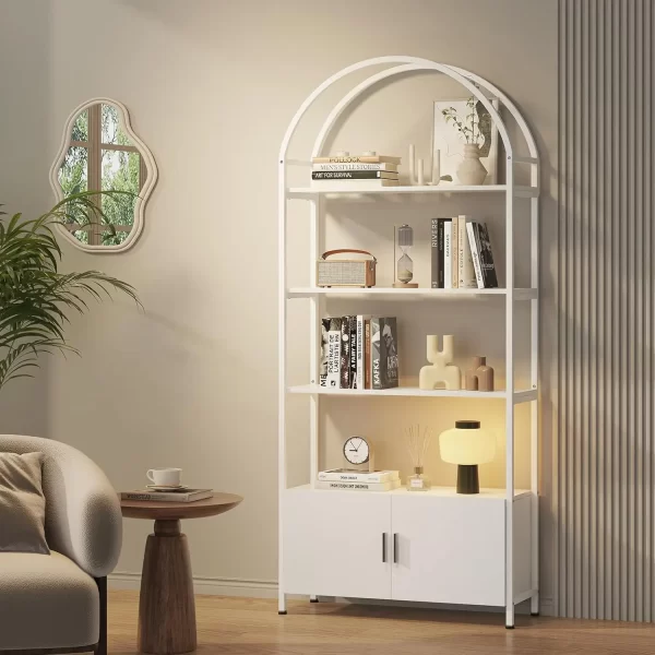 Arched Gold Bookshelf with Doors, 71" Tall Bookcase with Sturdy Metal Frame, Freestanding Display Shelving Unit - Image 9
