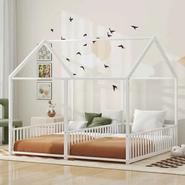 Double Twin Size Floor Bed, Metal Shared Platform Beds for 2 Kids, Montessori House Bed for Toddler Boys Girls Teens