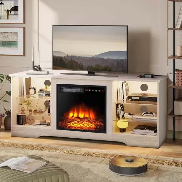 58 Inches Fireplace TV Stand for TVs up to 65 Inches - Modern Wooden Console with 18'' Electric Fireplace & Remote Control - Image 2