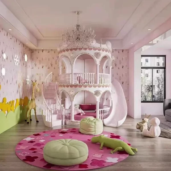 Customizable Solid Wood Pink Princess Castle Bunk Bed with Slide for Children's Bedroom - Image 2