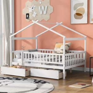 Full Size House Bed with Storage Drawers Playhouse Platform Bed Wooden House-shaped Beds Frame with Fence Guardrail and Roof