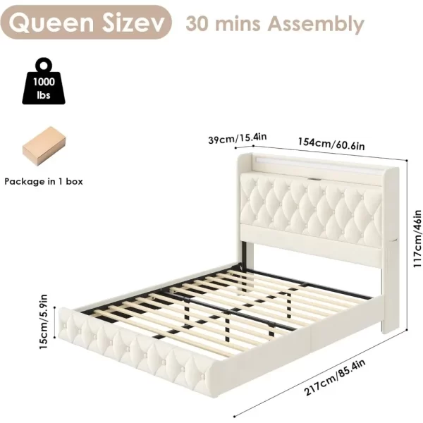 Floating Bed Frame Queen Size Platform with LED Lights, USB Charging Station Headboard Modern Upholstered Velvet Fabric Bed - Image 2