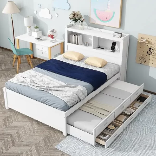 Harper & Bright Designs Full Size Platform Bed with Trundle, Drawers and Bookcase Headboard with USB Plugs, Hardwood Full Size B - Image 7
