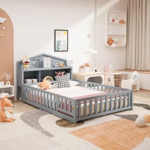 Full-size Montessori Floor Bed with Bookcases and Blackboards, Versatile Platform Beds with Guard rails, Solid Wood Floor Beds
