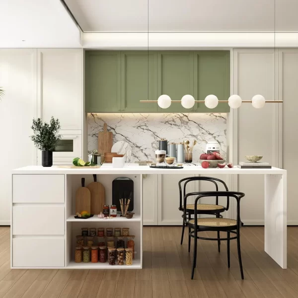 Kitchen Island with Storage,Wood Kitchen Prep Table White Stationery Storage Cabinet with 3 Drawers,Open Shelves & 2 Cabinets - Image 7