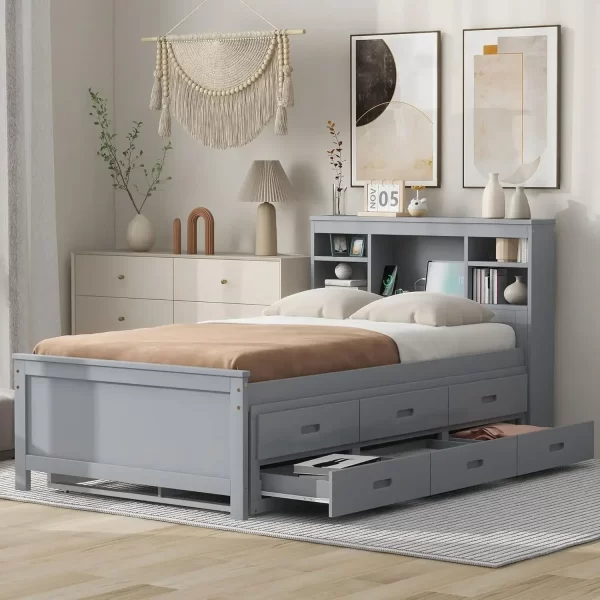 Full Platform Bed with Twin Size Trundle,Bookcase Headboard,Charging Station and 3 Drawers,Wood Full Storage Bed Frame for Kids - Image 8